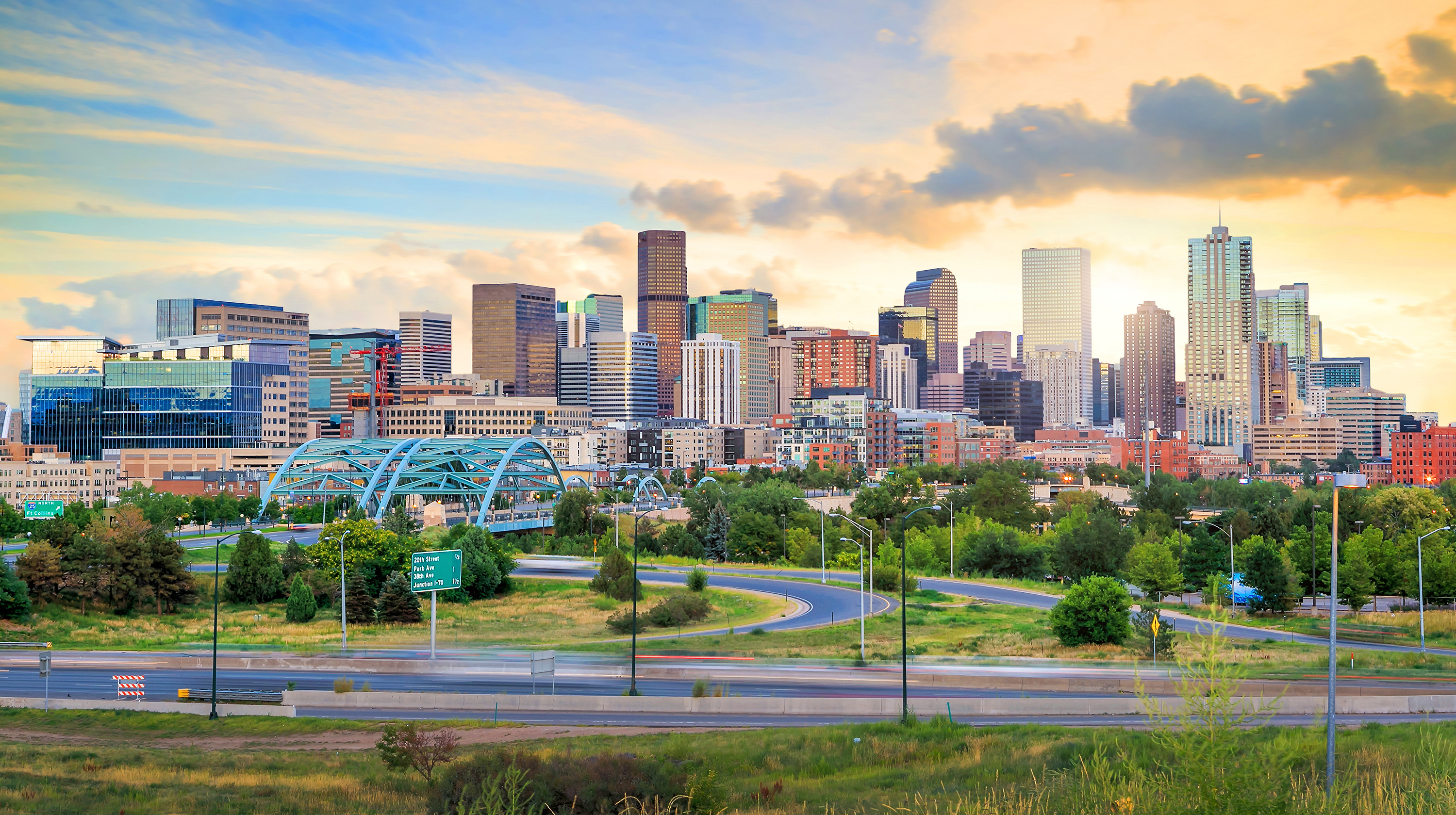 Panorama of Denver skyline long exposure at twilight.